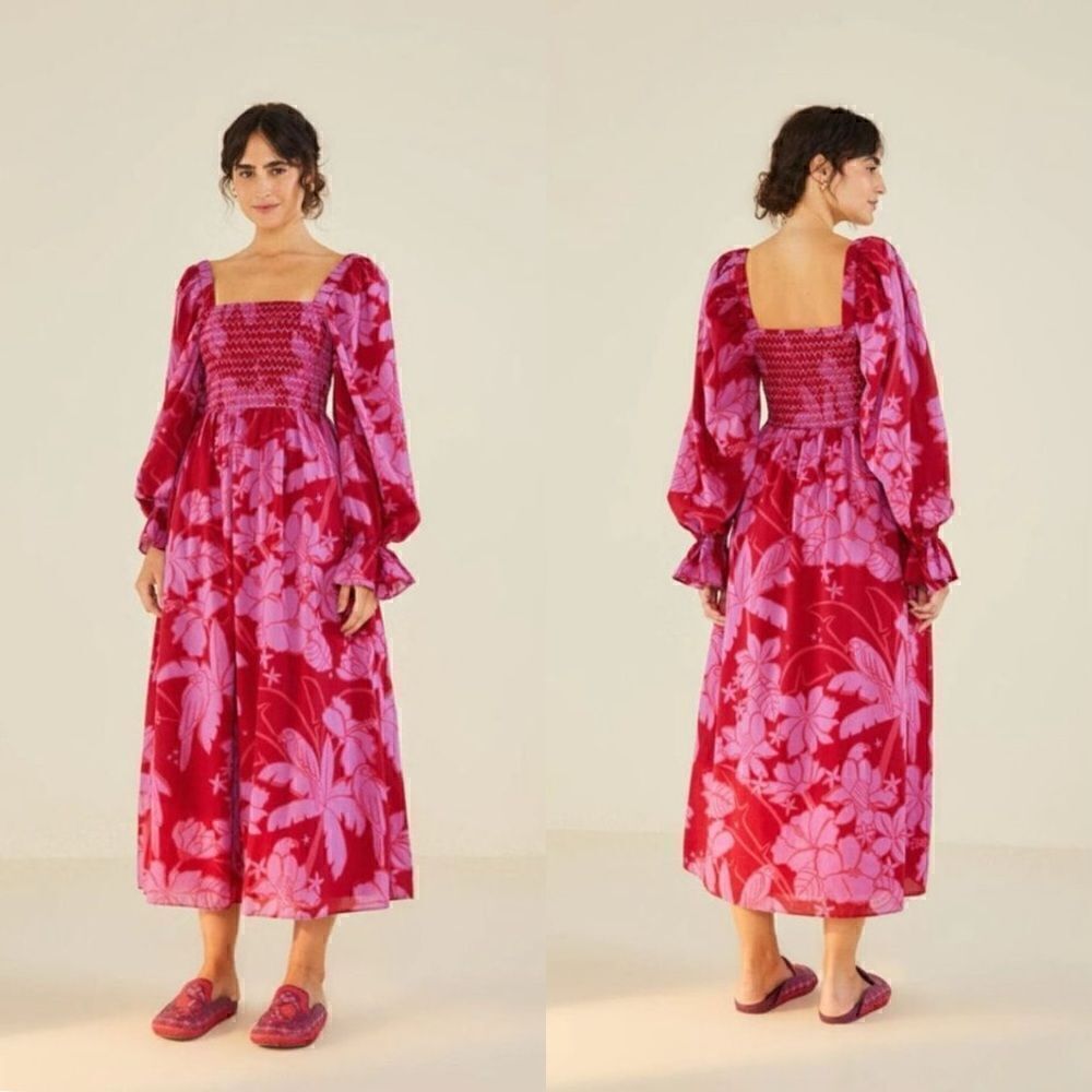 Farm Rio Living Nature Burgundy Long Smocked Maxi Dress